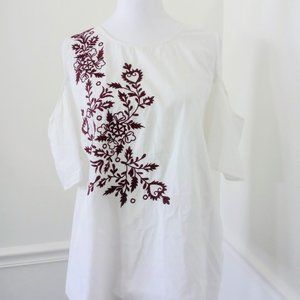 Blue Rain Cold Shoulder Short Sleeve Embroidered White Floral Accent Top Large